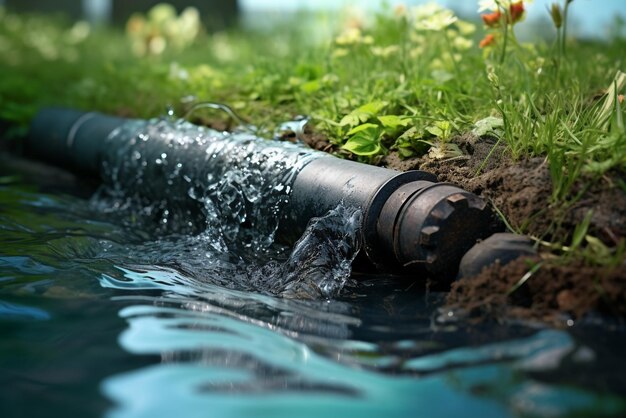 Photo water pipe in water field discharge clear water flowing from a pipe