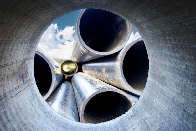 Water pipes for drinking water supply lie on the construction site Preparation for earthworks for laying an underground pipeline Modern water supply systems for a residential city