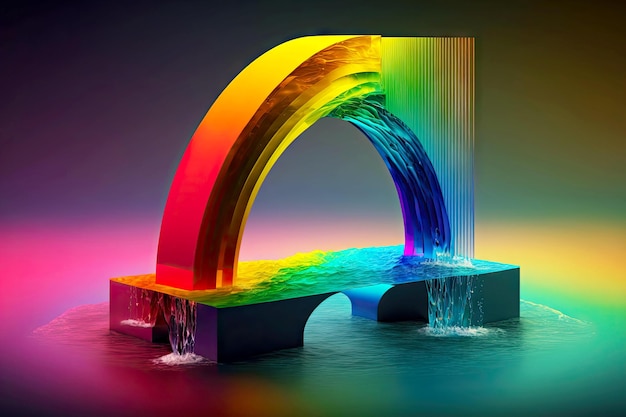 Water platform with beaful rainbow arc in form of 3d render abstract geometric background generative ai