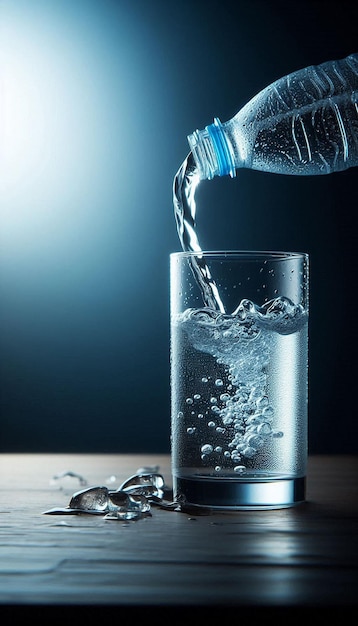 Water Pouring From a Plastic Bottle Into a Glass on a Dark Background