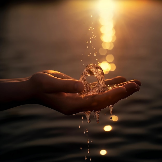 Water pouring on hand in morning light background