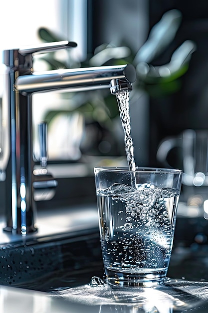 water pours into a glass from the tap selective focus