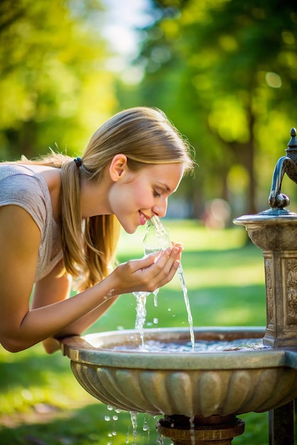 Photo water running in drinking fountain in park on summer day