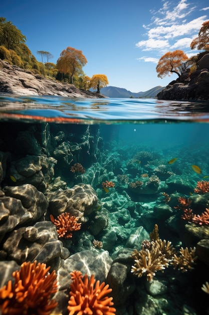 The water's surface reveals a view of a coral reef Generative AI