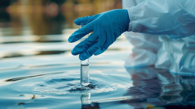 Photo water sampling for environmental analysis hand in blue gloves collecting samples from river