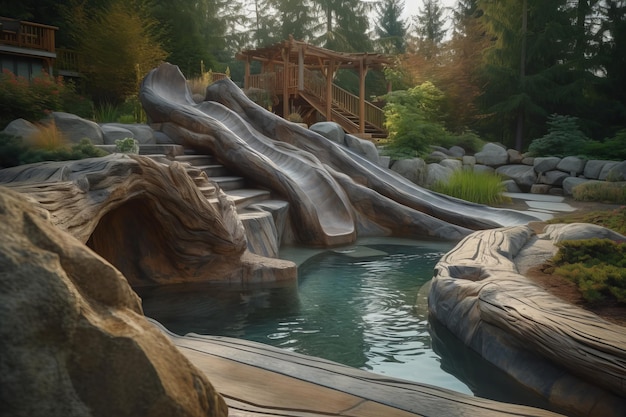 A water slide at the bottom of the mountain