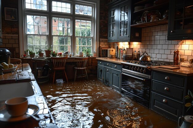 Photo water spilling onto a flood home floor from the ceiling house insurance concept