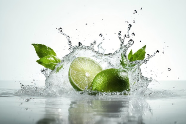 Water splash on color background with lime slices mint leaves and ice cubes AI generated