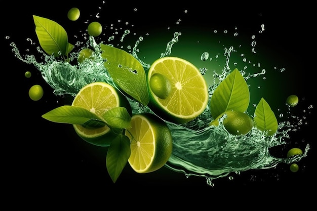 Water splash on color background with lime slices mint leaves and ice cubes as Generative AI