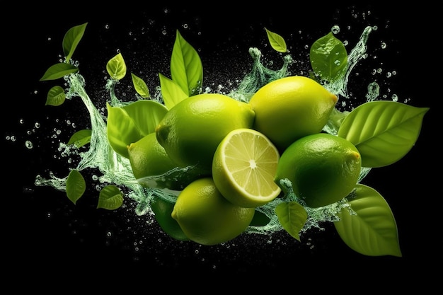 Water splash on color background with lime slices mint leaves and ice cubes as Generative AI