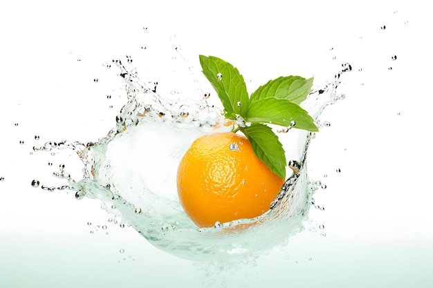 Water splash on orange with mint isolated on white