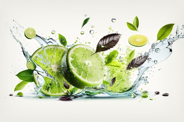 Water splash on white background with fruit slices mint leaves and ice cubes as a concept for summer Generative AI