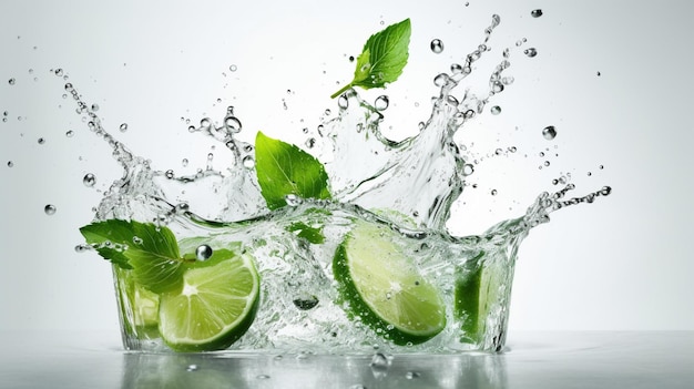 Water splash on white background with lime slices mint leaves