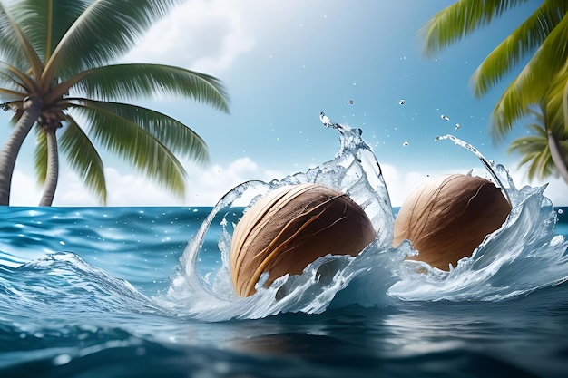 Photo a water splash with coconuts in the water and a palm tree in the background