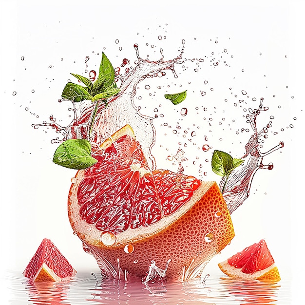 a water splash with a grapefruit and a splash of water splash