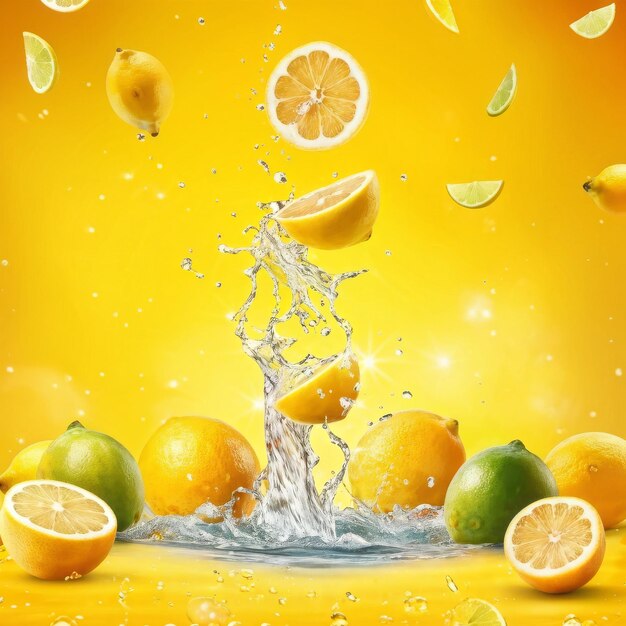 Photo a water splash with lemons and limes being splashed with water