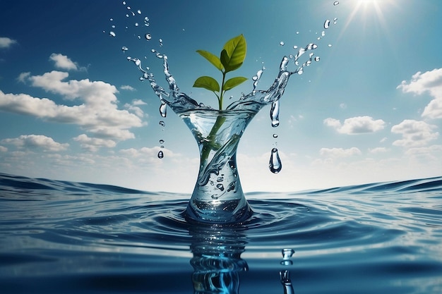 Photo a water splash with a plant in it and the word water on it world water day equity conservation