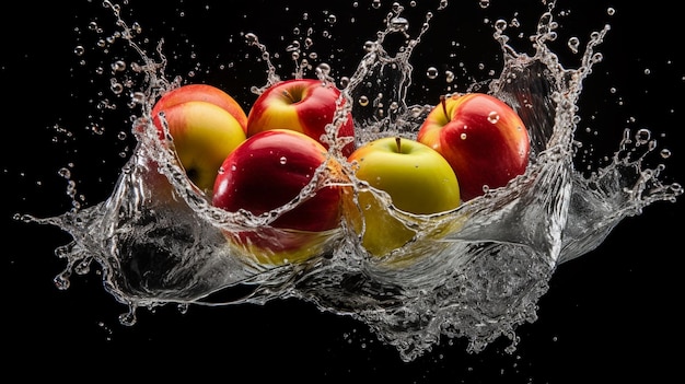 Water splash with red and green apples isolated on black background