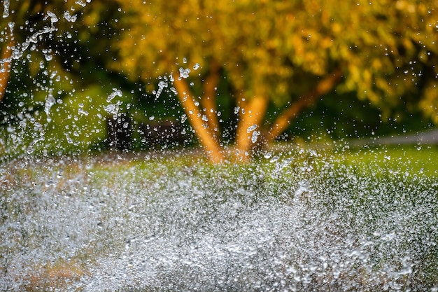 Water splash with small drops in fountain abstract natural background selective focus