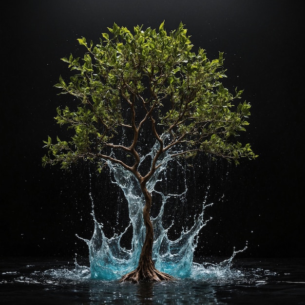 Photo water splashes forming a tree on a black background