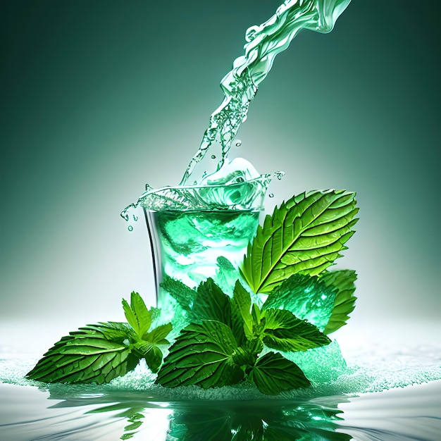 Water splashes with menthol or mint leaves