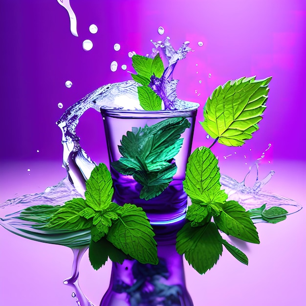 Water splashes with purple menthol or purple mint leaves