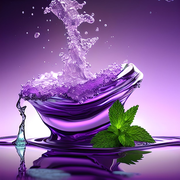 Water splashes with purple menthol or purple mint leaves