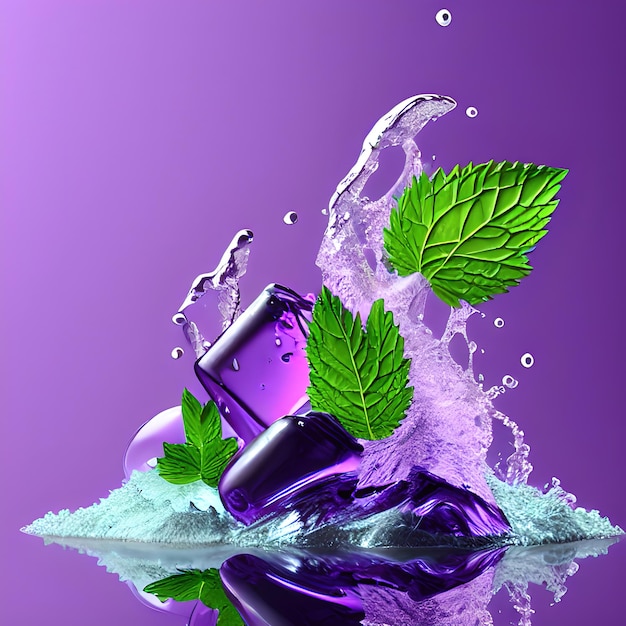 Water splashes with purple menthol or purple mint leaves