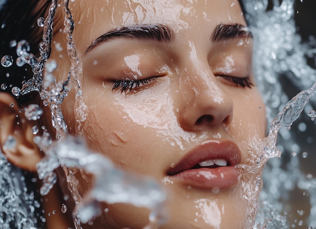 Water splashing on a beautiful womans skin a skincare concept