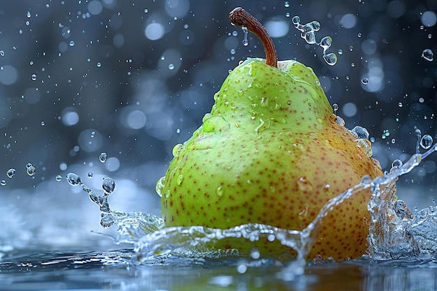 Water splashing on fresh chinese pear and sliced isolated on a green background