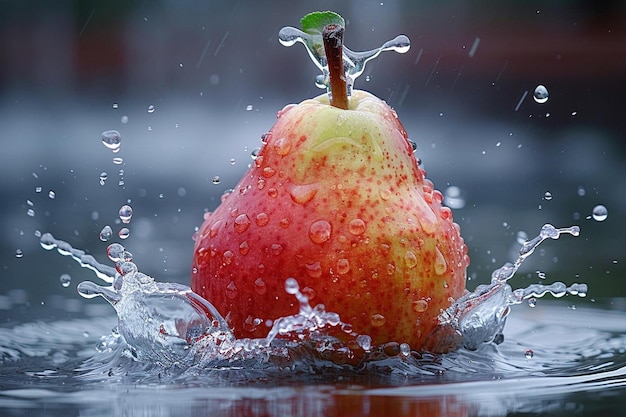 Water splashing on fresh chinese pear and sliced isolated on a green background