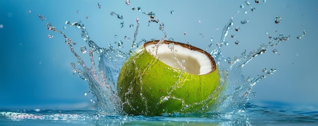 Photo water splashing from a coconut on a blue background