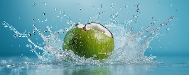 Photo water splashing from a coconut on a blue background