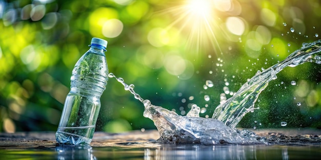 Water splashing out of plastic bottle with nature bokeh background blurred clear health environment motion clean ecology outdoor purity hydration natural plastic bottle