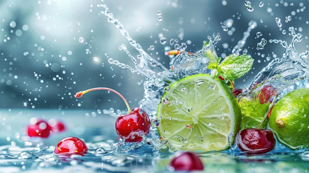 Photo water splashing with mint leaves and lime slices