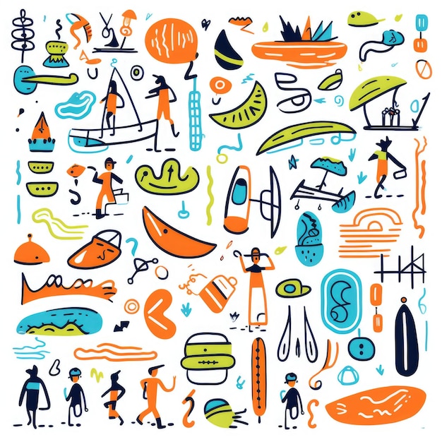 Water sport supplies colorful set of doodles on white background Generative AI