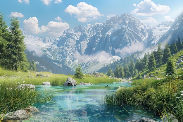 Water spring on Alps mountains background