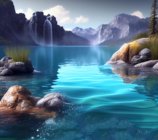 Water spring on mountains background. Clear streams of mountain water. Ai generative