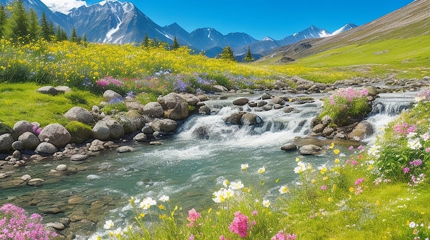 Water stream surrounded by mountains and flowers on a sunny day