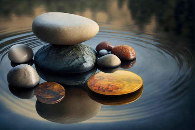 A water surface with rocks and pebbles on it.