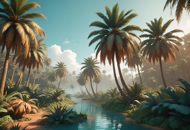 a water view of a lake with palm trees and a body of water