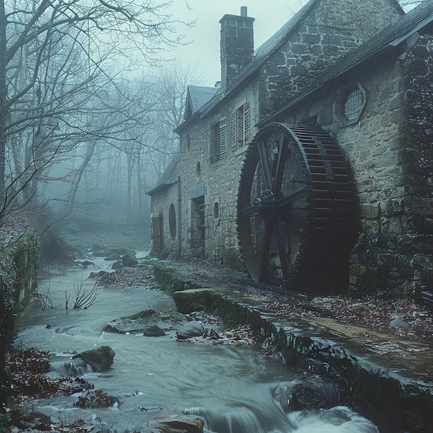 a water wheel is in front of a house that has a water wheel on it