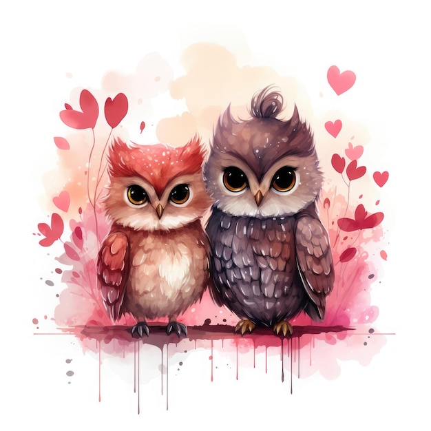 Waterco Love Couple Chibi Owl Valentines Heart Clipart illustration Generative Ai