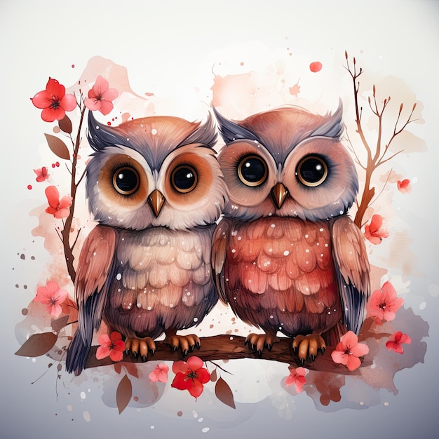 Waterco Love Couple Chibi Owl Valentines Heart Clipart illustration Generative Ai