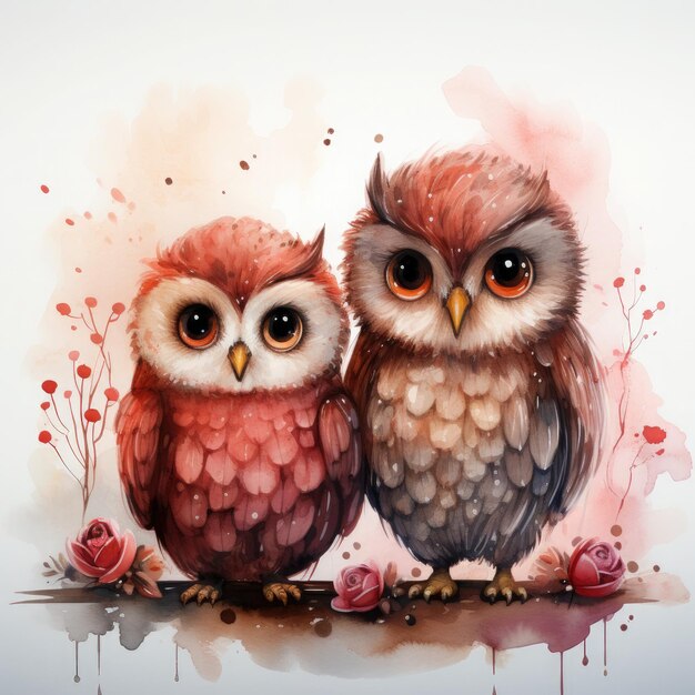 Waterco Love Couple Chibi Owl Valentines Heart Clipart illustration Generative Ai