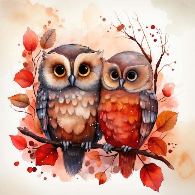 Waterco Love Couple Chibi Owl Valentines Heart Clipart illustration Generative Ai