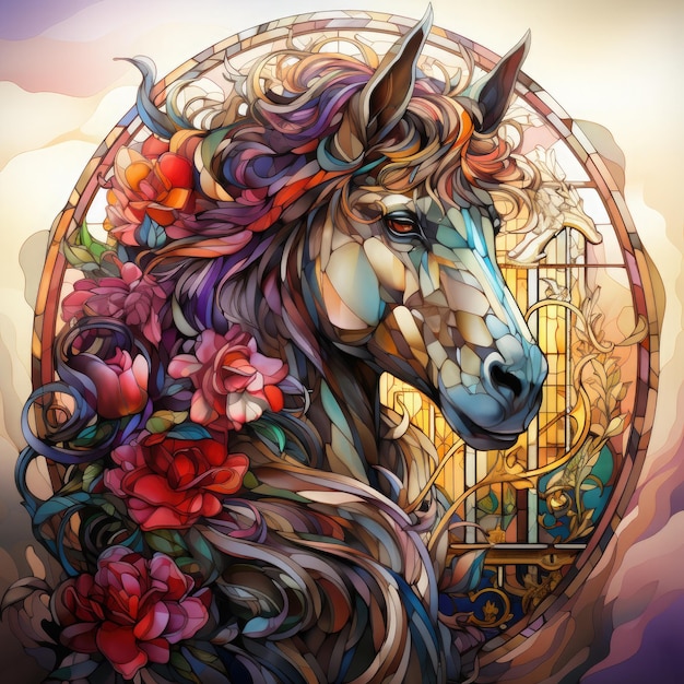 Waterco Stained Glass Window Unicorn Clipart illustration Generative Ai