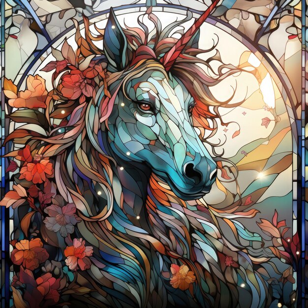 Waterco Stained Glass Window Unicorn Clipart illustration Generative Ai