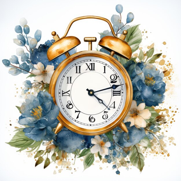 Waterco There is a clock with flowers around it on a white background illustration Generative Ai