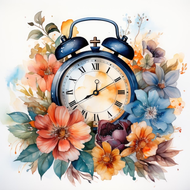 Waterco There is a clock with flowers around it on a white background illustration Generative Ai